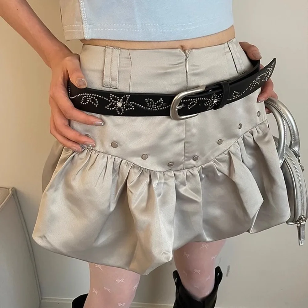 Punk Flower Rhinestone Belt Y2K Alloy Rivet Belt Black Pin Buckle PU Leather Waistband Women