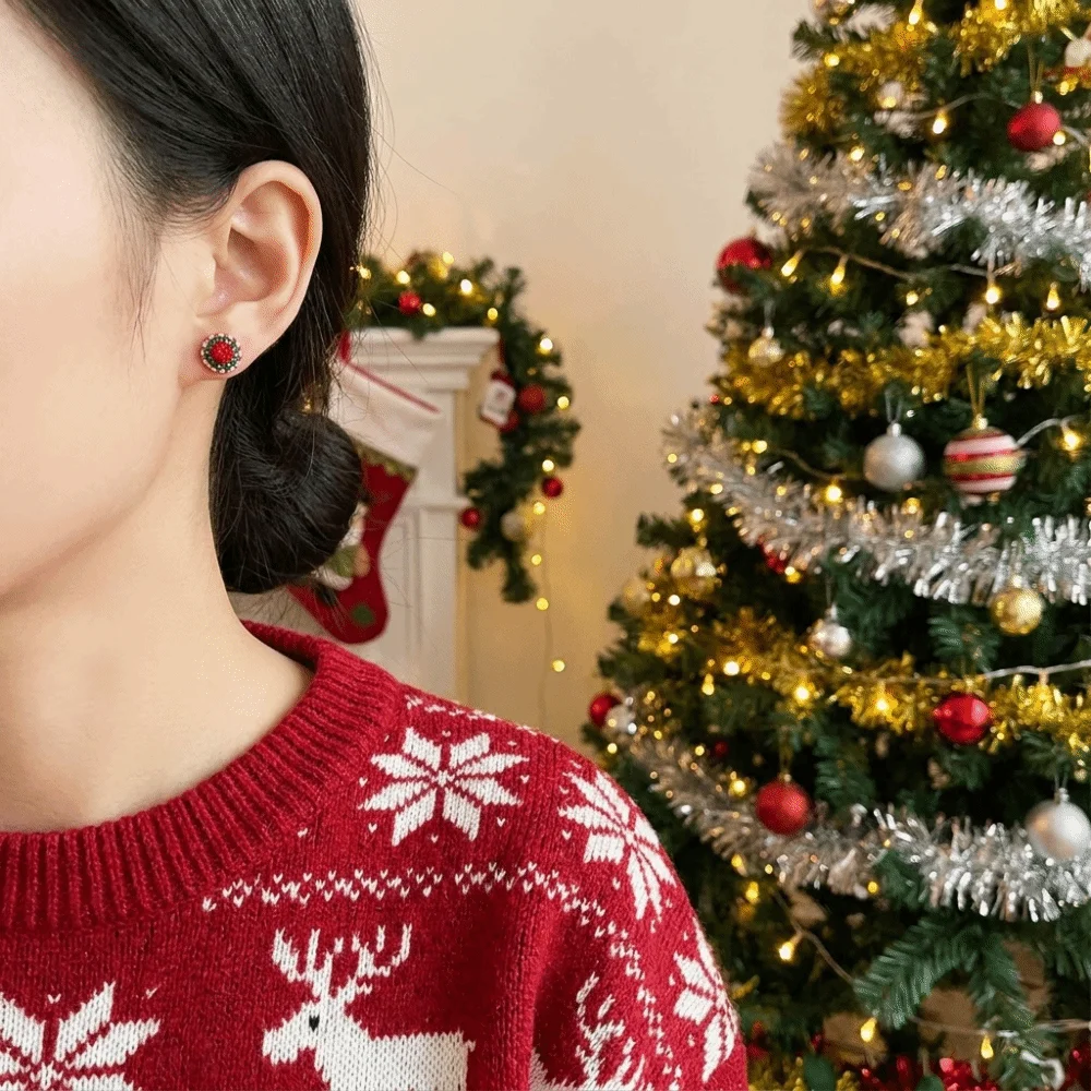 Red Enamel Christmas Stud Earrings Sparkling Trendy Santa Hat Earrings Lightweight Multicolor Rhinestone Ball Earrings Daily