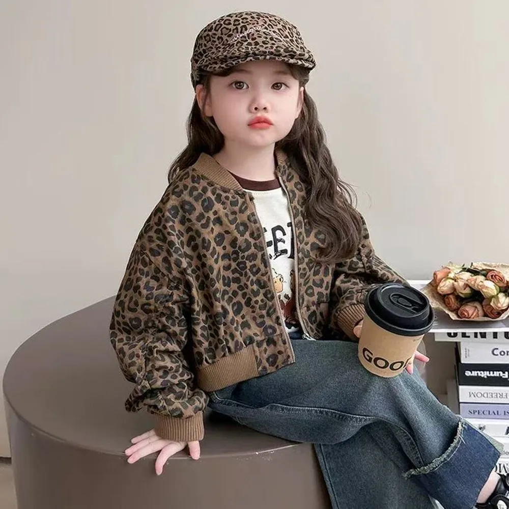 

Girls' Jacket Spring and Autumn New Style Children's Western Leopard Pattern Jacket Baby Short Korean Version Casual Coat 2-7Y