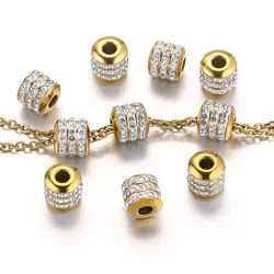5pcs Stainless Steel Gold Plated Spacer Beads Crystal Rhinestones Cylinder for DIY Necklace Bracelet Jewelry Making Material