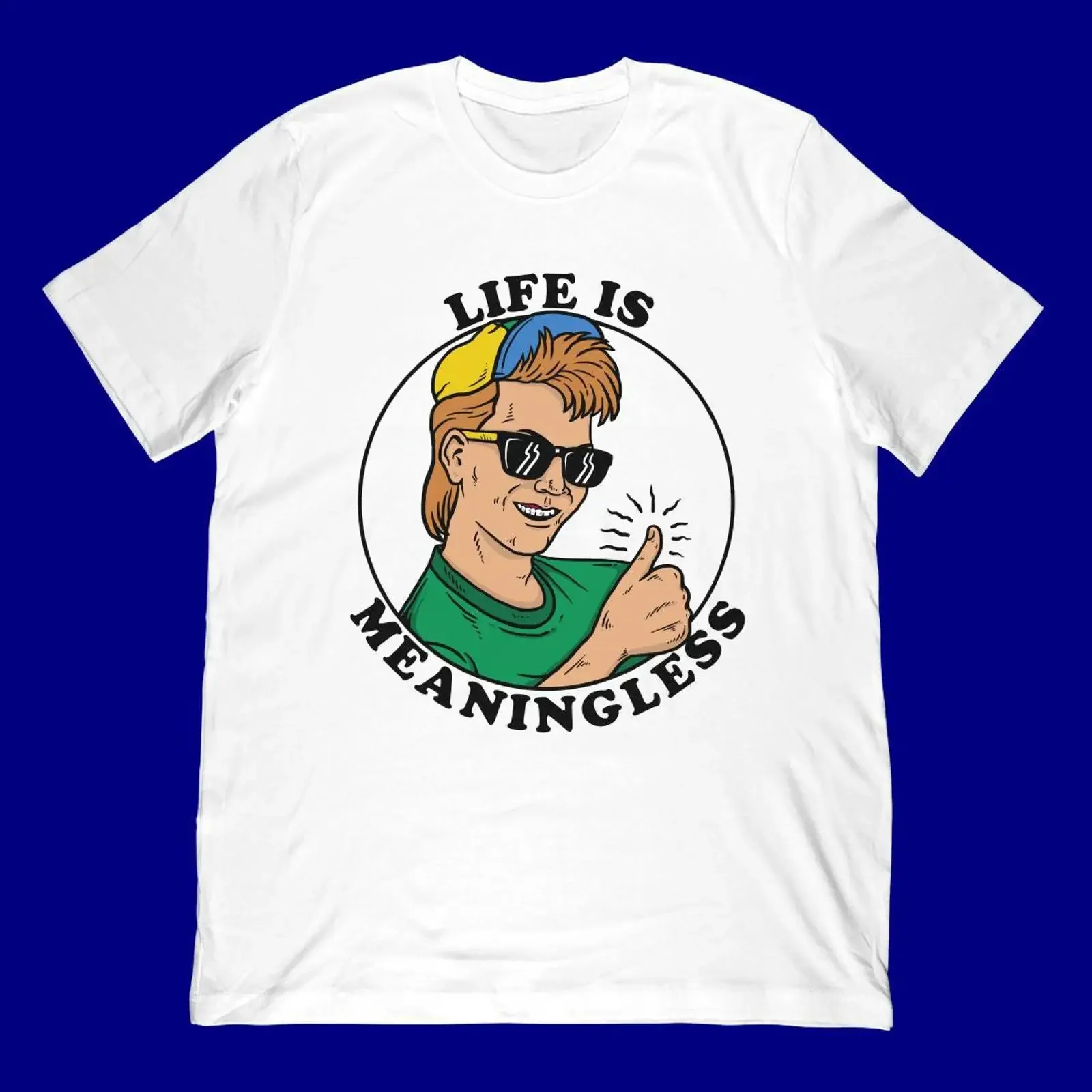 T-shirt unisexe vintage « Life Is Meaningless » avec dessin animé drôle et pouce levé, effet délavé, respirant et confortable pour homme, idéal au quotidien