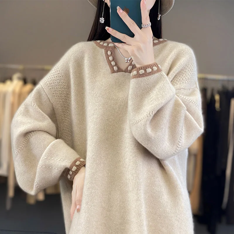 100% Wool, Women\'s Soft Cashmere Sweaters, Cashmere Knitting Pullovers, Long Sleeve, Loose Style, High Quality, HL01, 2023Winter