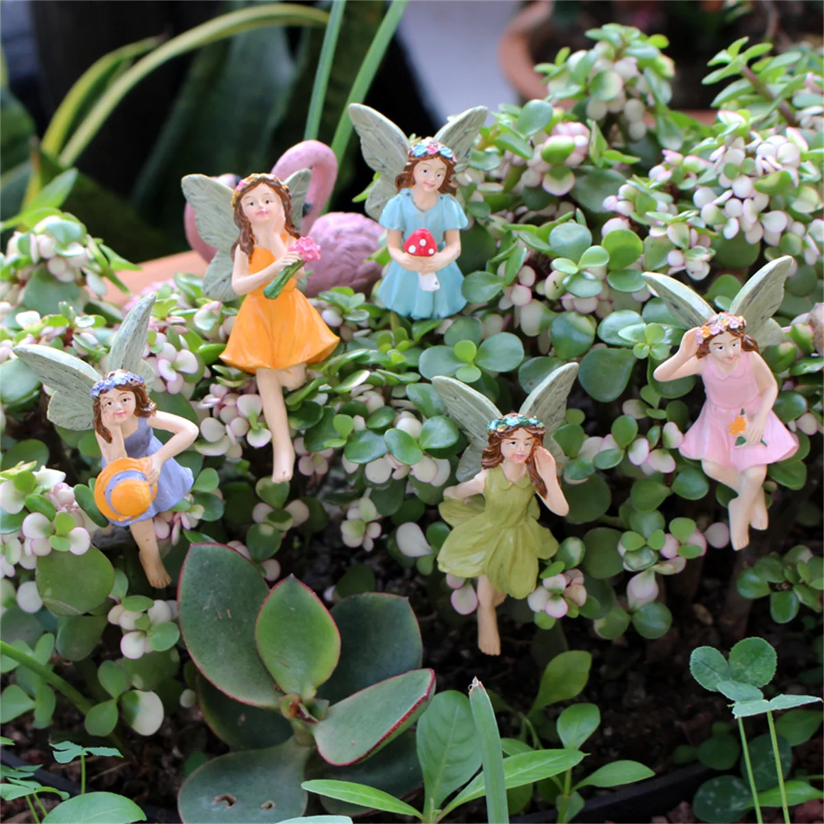 Five Piece Set of Flower Fairy Garden Plug-In, Potted Landscape Statue, Five Flower Fairy Sisters Love Each Other, Warm Garden A