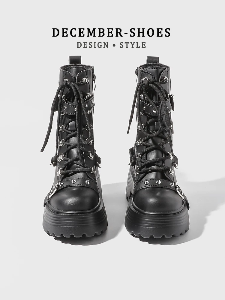 

Ботинки в стиле Y2K Gothic с толстой подошвой, женские уличные ботинки-наездницы, короткие мотоциклетные ботинки в стиле панк с круглым носком