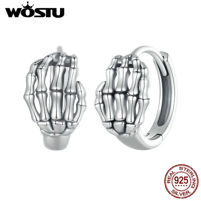 

WOSTU Vintage 925 Sterling Silver Skeleton Hand Ear Buckle Silver Hoop Earrings for Women Fashion Jewelry Hallowmas Gift Party