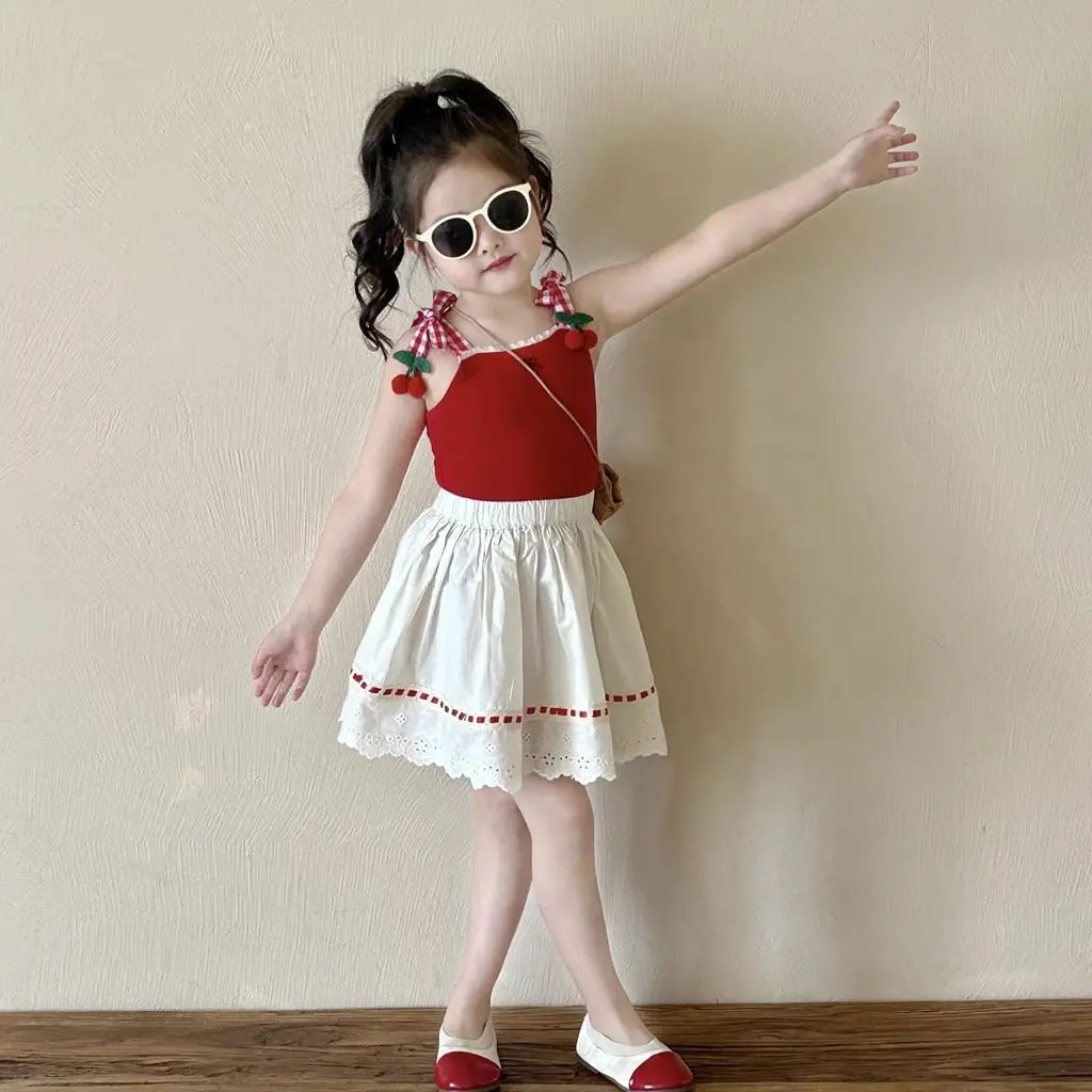 Children\'s Clothing Sets Cherry Knit Halter Top + Skirt 2pcs Sets Toddler Girl Kids Boutique Clothes Infant Designer Clothes