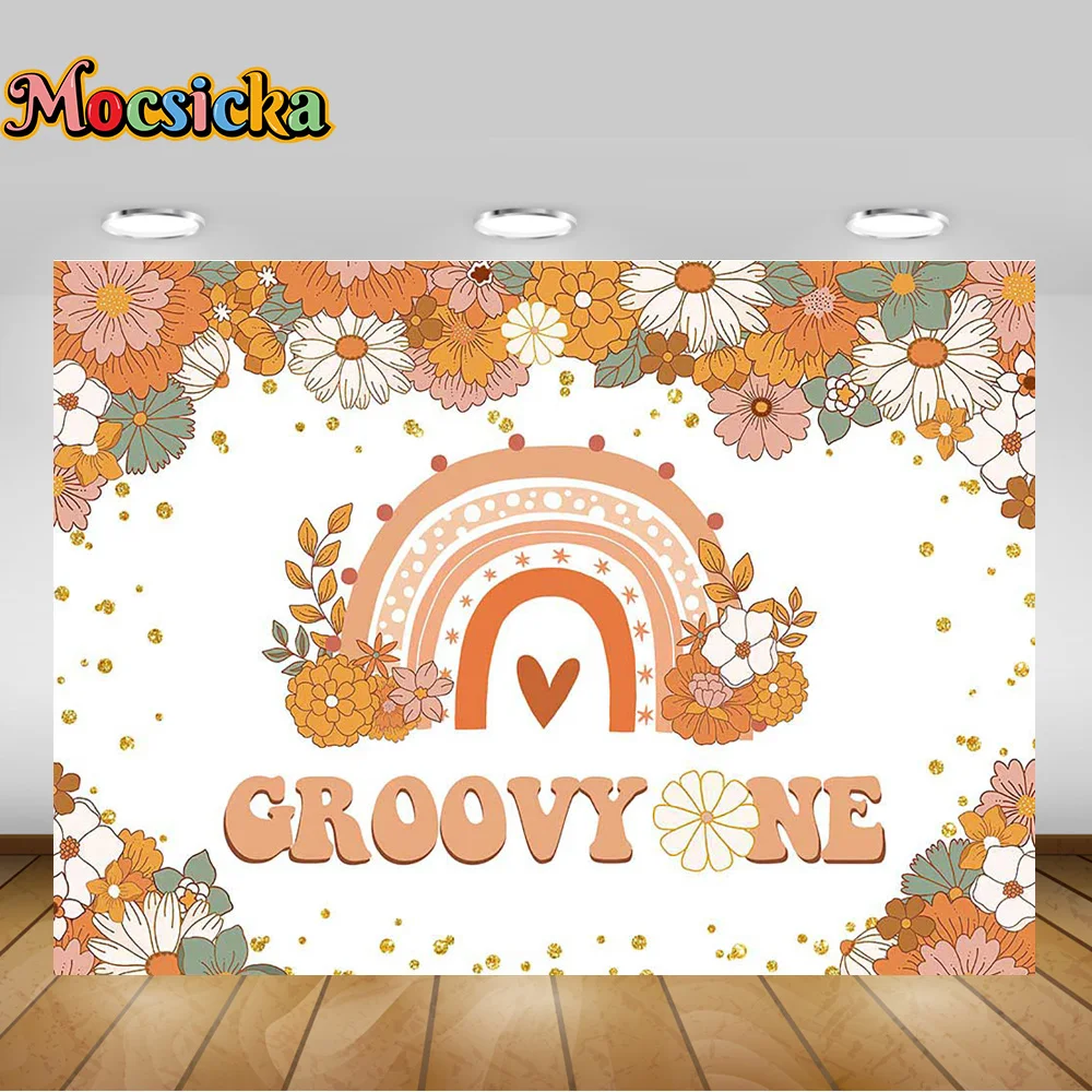 Groovy One วันเกิด Boho Rainbow Groovy ที่กำหนดเองพื้นหลังสุขสันต์วันเกิด70 Daisy Hippie Peace Love Party Supplies