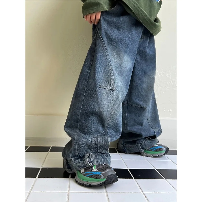 Boys Long Pants 2025 Autumn Dirty Korean Style Childrens Clothes Special Unique Wide Blue Legs Trendy Kids Jeans