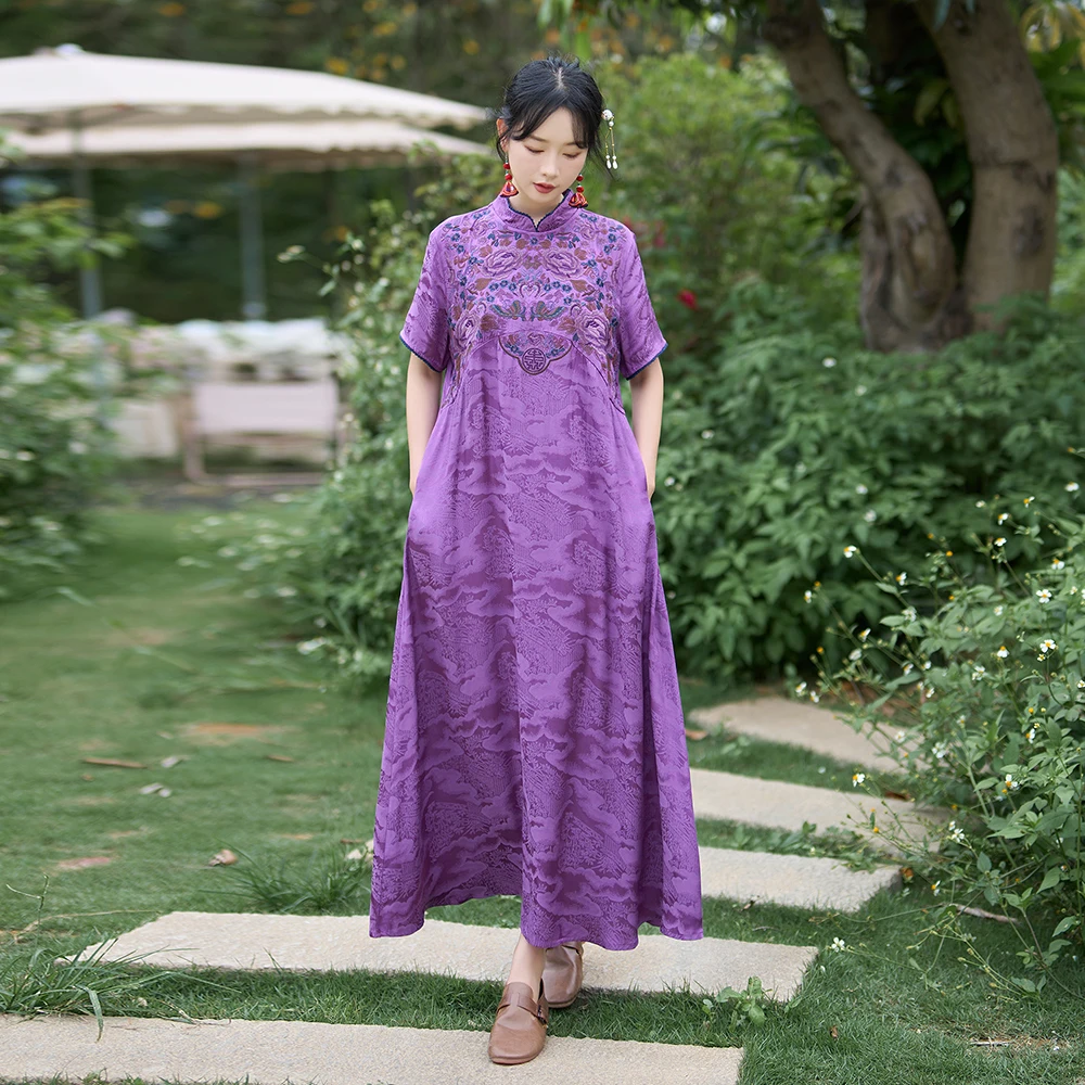 Retro étnico sle solto robe cetim bordado ort sve longo dr cintura alta a linha verão chinês faion tendência dr