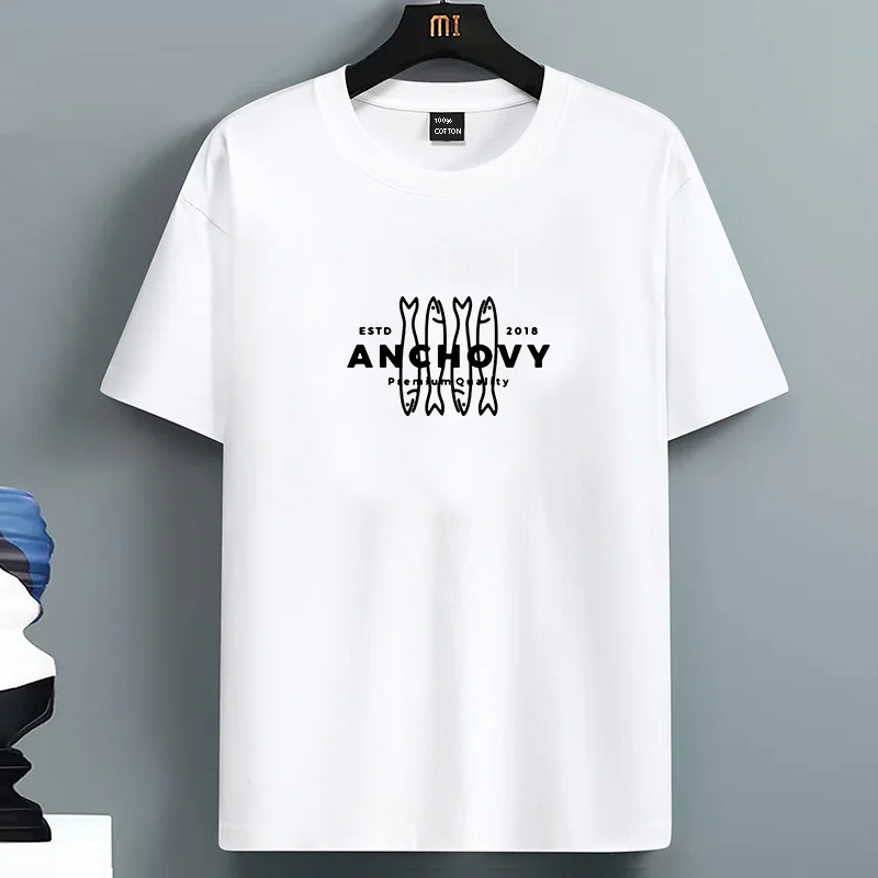 

2025 Men's Summer 100% Cotton Casual Loose T-shirt Fish ANCHOVY Print round Neck Short Sleeve Fashionable Top for Large Sizes