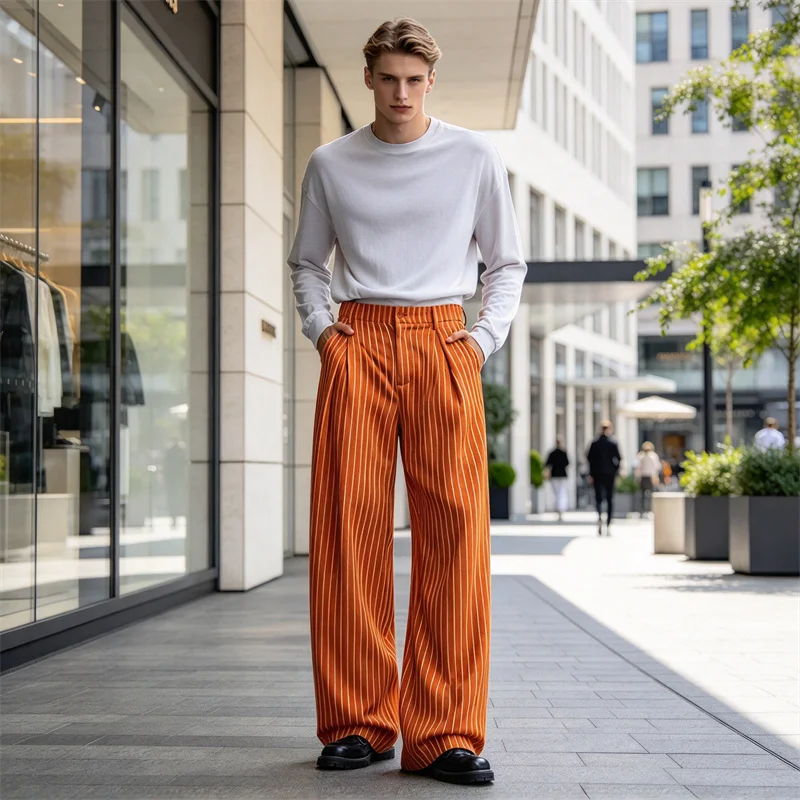 Men's Pinstripe Pleated Wide Leg Trousers High Waist Loose Suit Trousers Fit Business Wedding Party Formal Casual Daily Pants