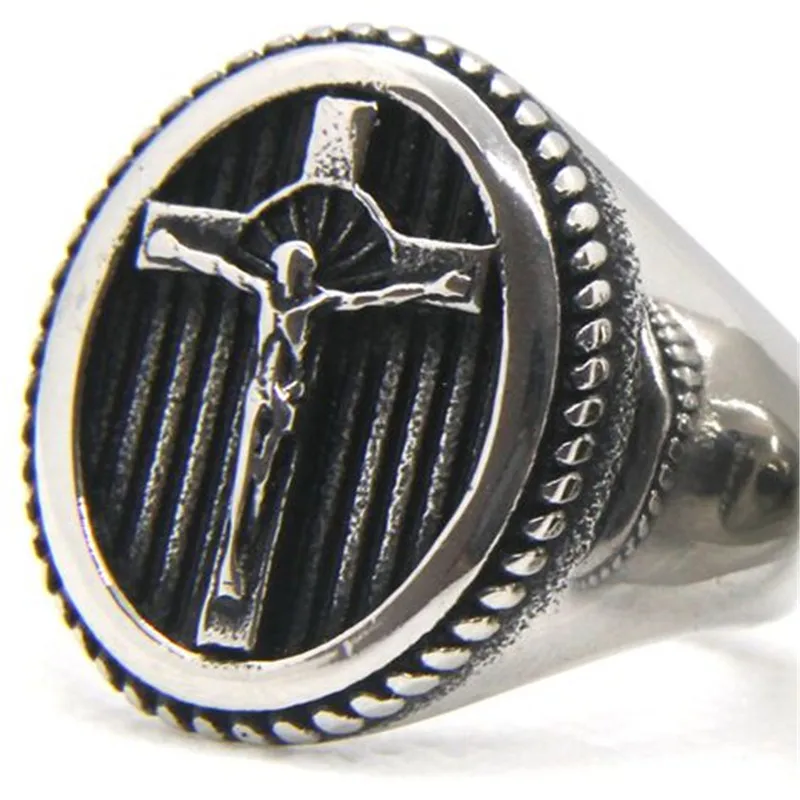 Nuevo anillo sólido con cruz de Jesús para hombre, joyería de acero inoxidable 316L, pulido, anillo Punk Dios, tamaño 7-14
