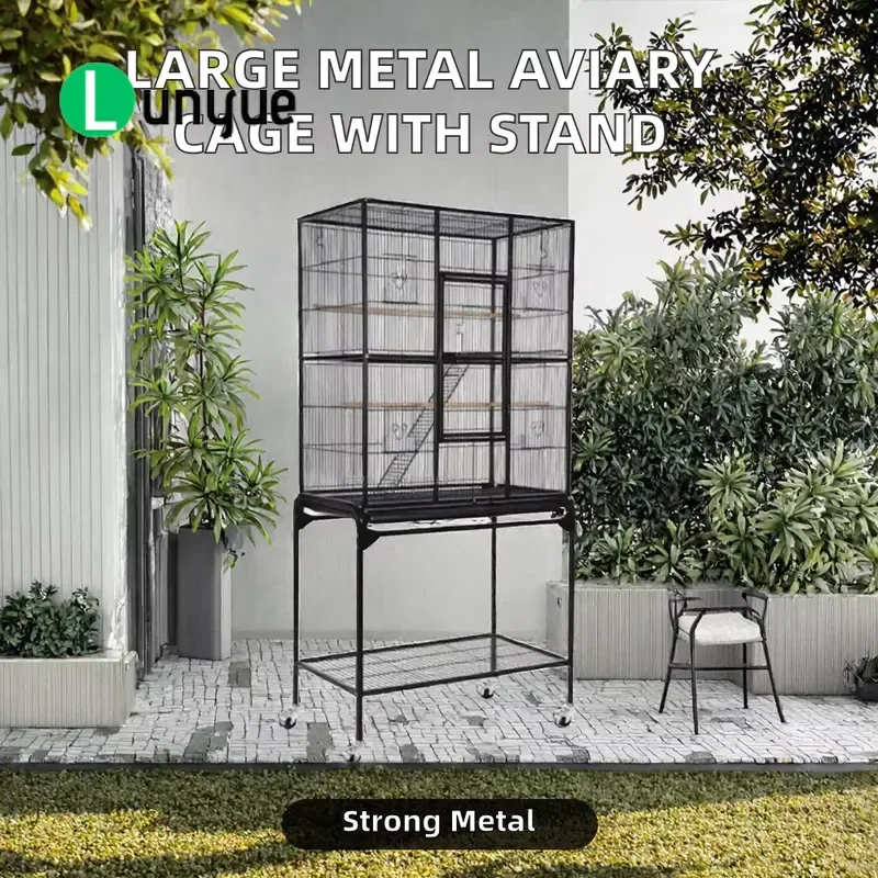 Large Powder Coated Wire Parrot Bird Cage with Removable Stand and Pull Out Tray Durable Metal Construction for Home Aviary
