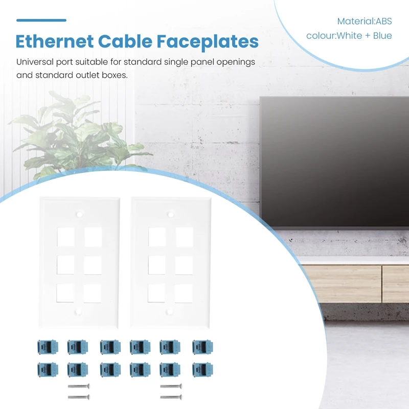 2Pack 6 Port Ethernet Wall Plate, RJ45 Cat6 Female To Female Jack Inline Coupler Plates Ethernet Cable Face Plates(Blue)