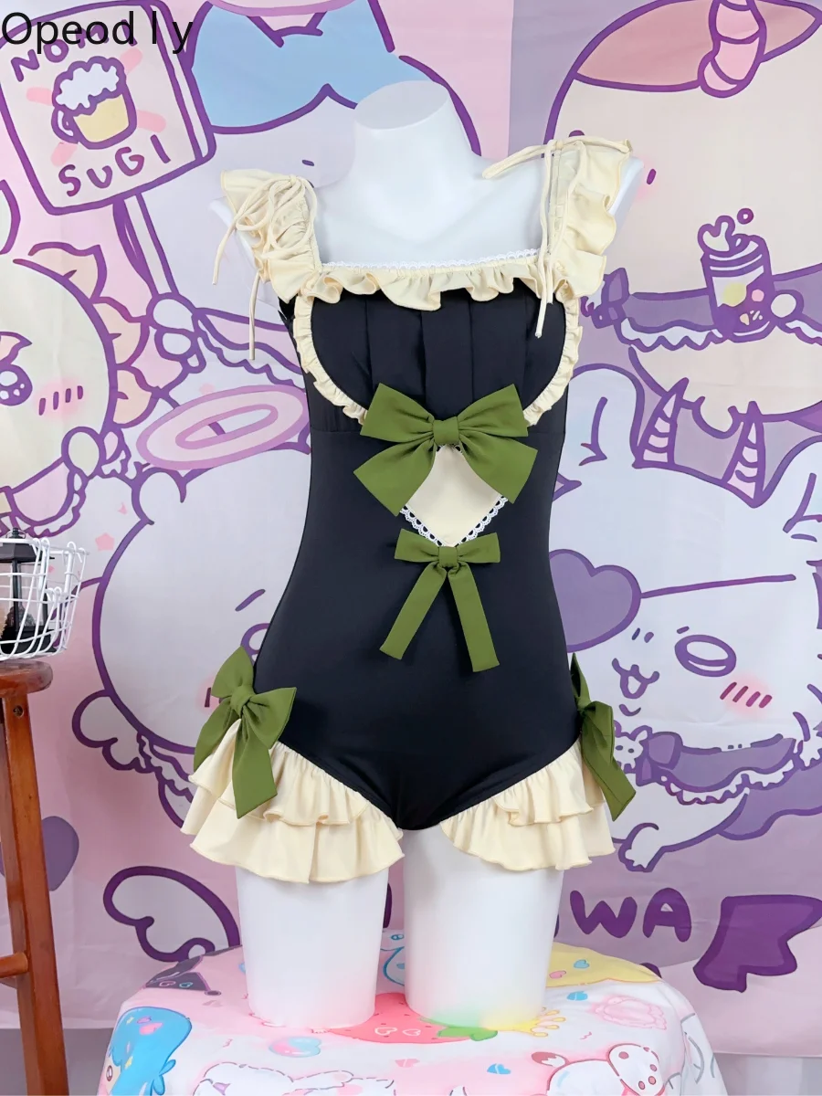 Japanese original sweet cute ruffle leaf edge one-piece swimsuit hot spring swimsuit water park lace bow sexy swimsuit
