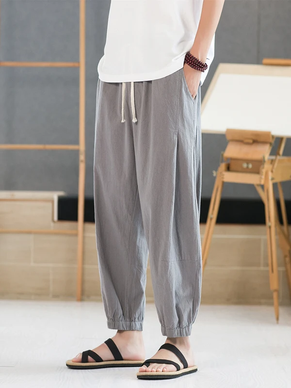 

High-End ey Harlan Men's Casual Summer Sport Seven-Foot Cotton-Linen Loose-Fit Elastic Waisand Breathable Youthful Sle