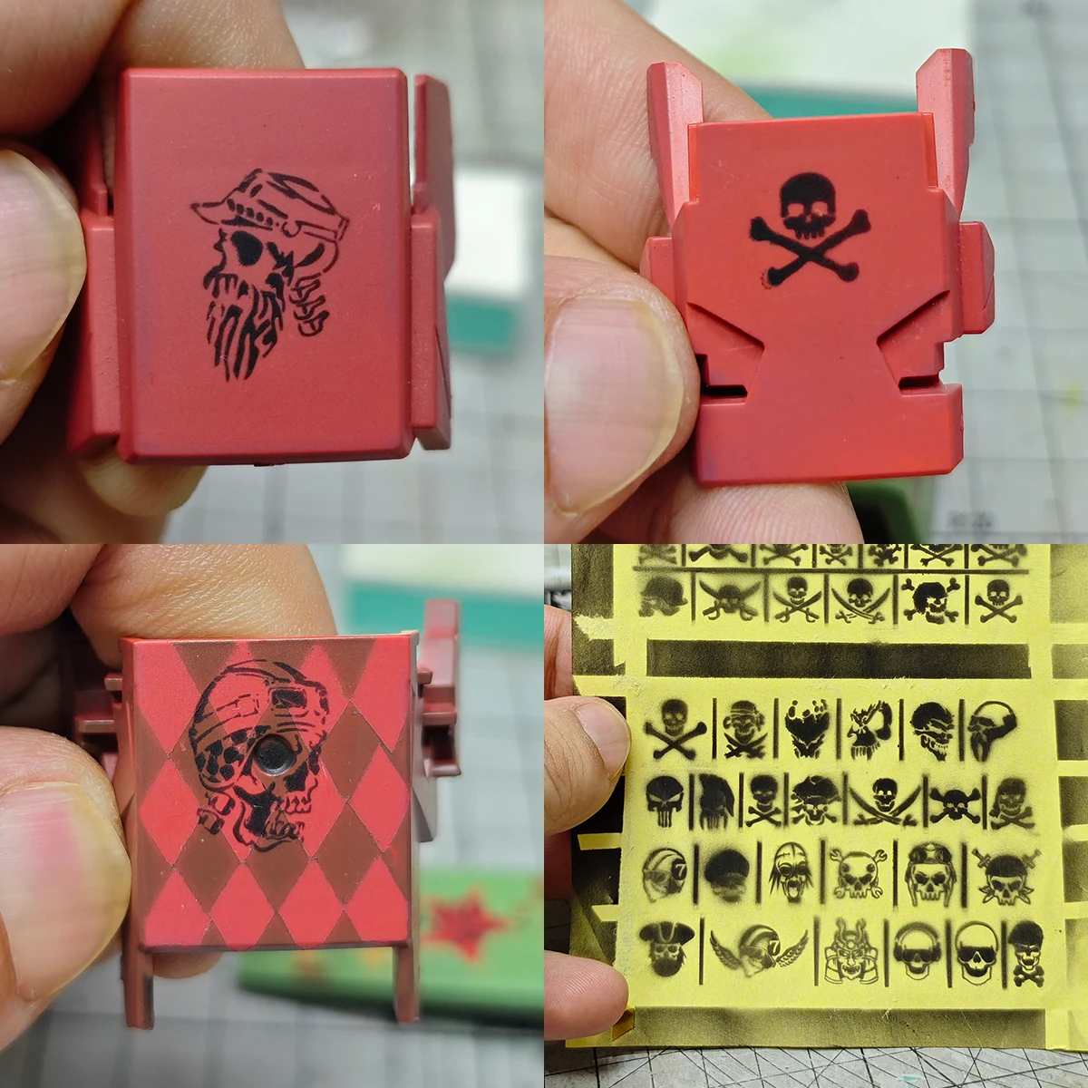 Malwerkzeuge für den Modellbausatz. Wiederverwendbare Metall-Hohl-Airbrush-Schablone. Sprühmaske. Totenkopfmuster. Piratensymbol. Mehrere Maßstäbe. – Detail 2