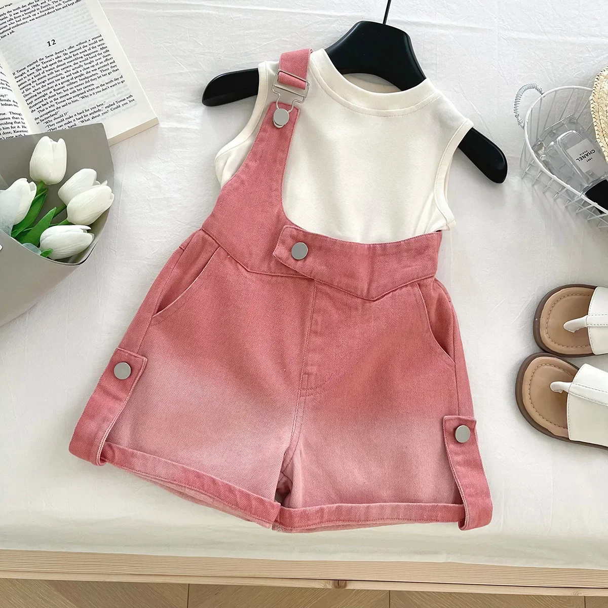 2025 Summer New Korean Version Girls' Gradient Denim Tank Top+suspender Shorts Two-piece Set