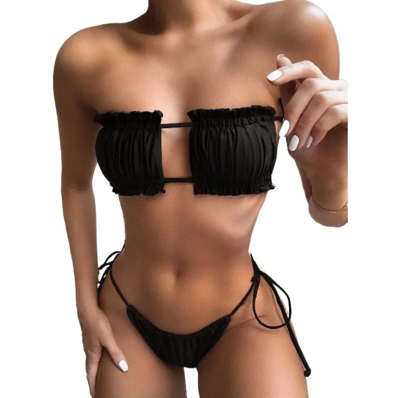 Bañador plisado para mujer, conjunto de Bikini con Tanga, ropa de playa, traje de baño Sexy