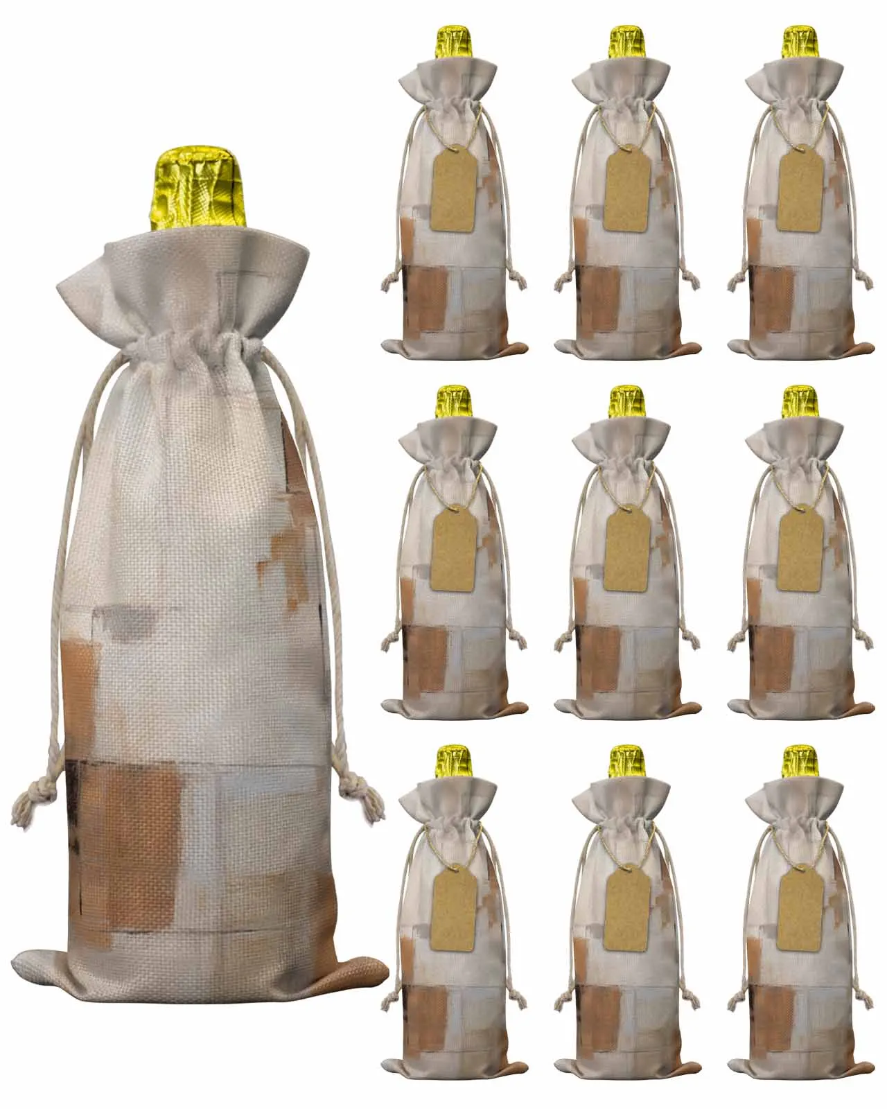 10pcs Brush Color Block AbstractionWine Bottle Bag with Drawstring Festive Party Decor Wine Bottle Covers Gift