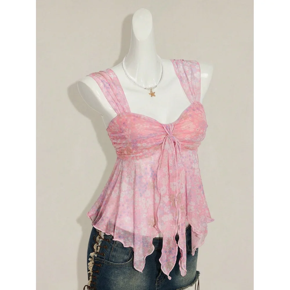 Sommermode, neues, schlankmachendes Design mit V-Ausschnitt und Schleife, vielseitiges, floral bedrucktes, mikrotransparentes Trägertop