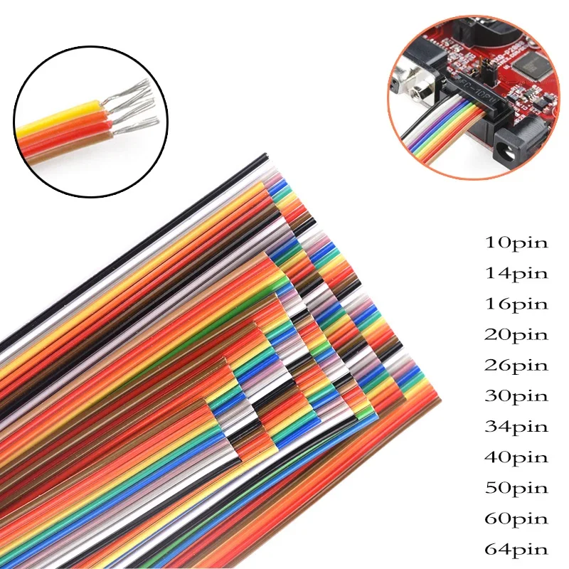 Length 1m Colorful 1.27mm Spacing Pitch Cable 10/14/16/20/26/34/40/50/60/64 Pin Flat Rainbwo Ribbon Cable Wire