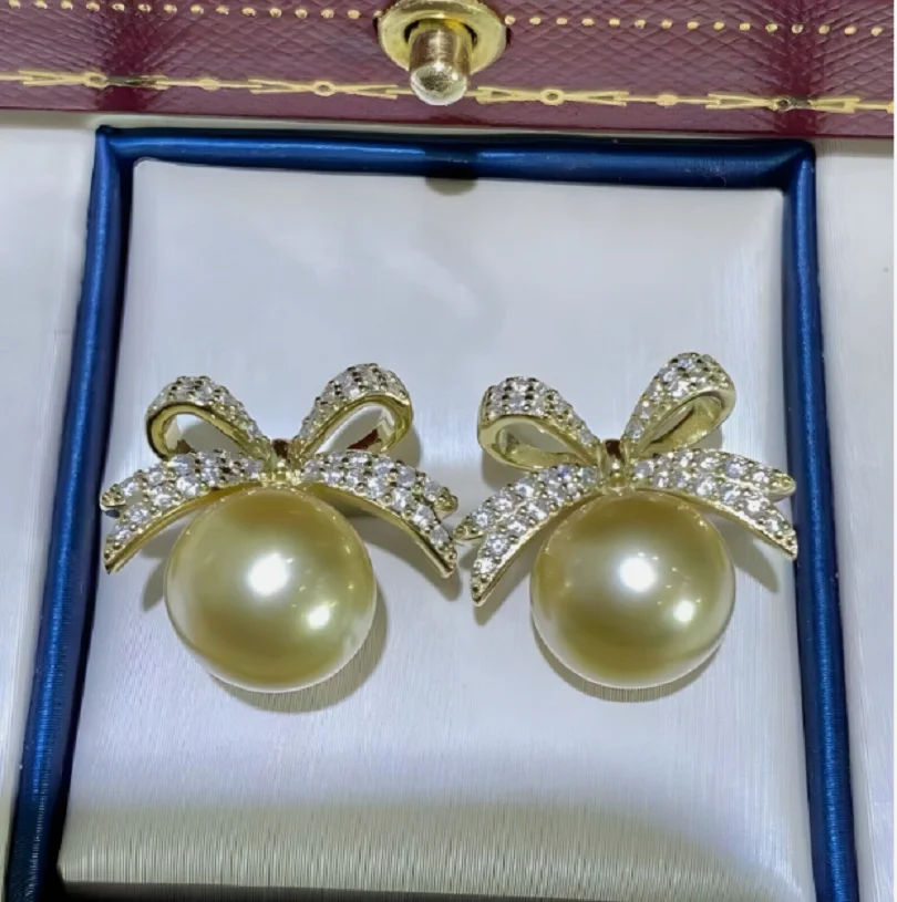 

НОВЫЕ великолепные серьги AAAAA 10-11 мм с круглым золотым жемчугом Южного моря 925-х годов