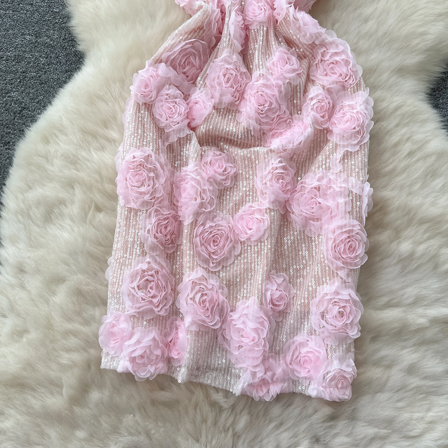 Clothland Donna Dolce Paillettes Cami Dress Scollo a V Cinghie per spaghetti Senza maniche Fiore Abiti al ginocchio Vestido QE019