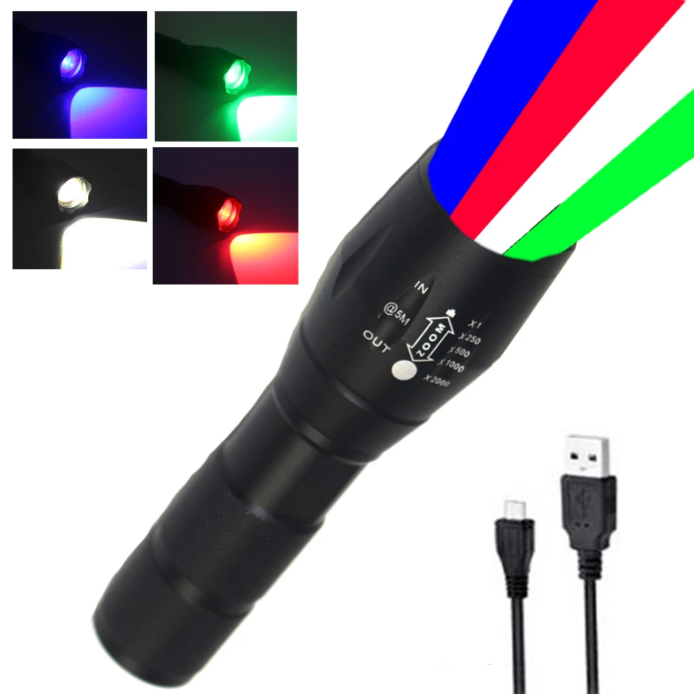 Outdoor Zoomable Red Flashlight, 4 Color in 1 Flash Light, Green Red Blue White Multi-Color Led Photography Fishing Torch