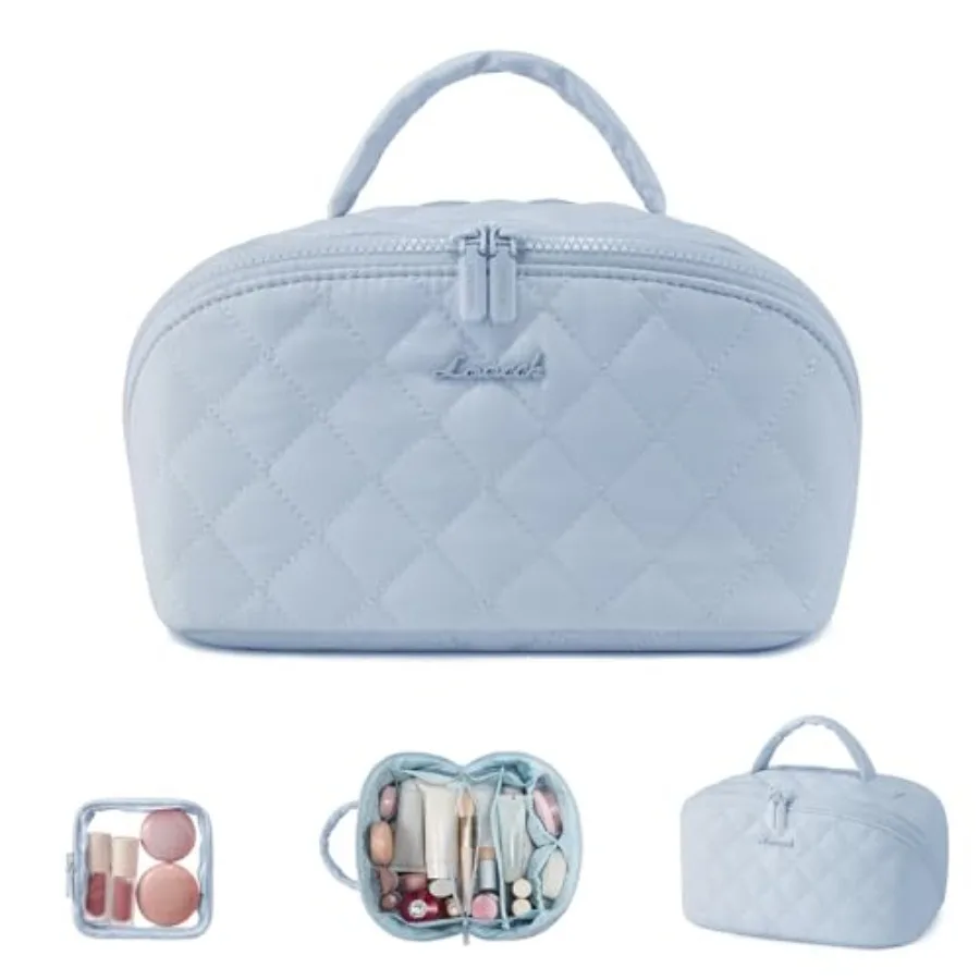 

Travel Makeup Bag for Women, 2Pcs Puffer Waterproof Cosmetic Organizer, Capacity Pouch Open Flat Small Toiletry Bag with Brush