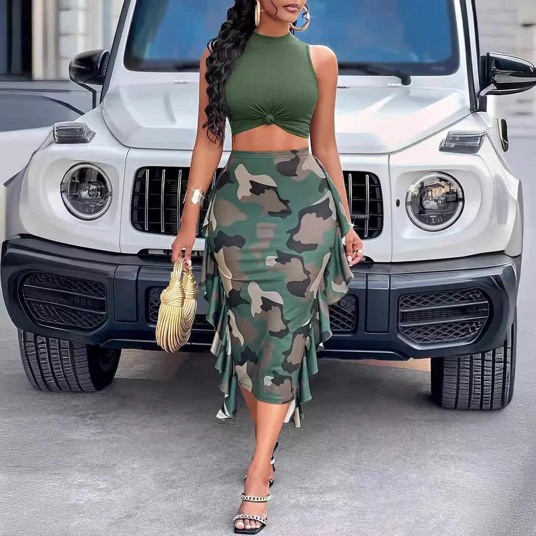 Elegant Women's Clothing Suit Tight New Fashion Spring Summer 2024 Camouflage Pattern Sleeveless Vest Top Skirt Two-piece Set