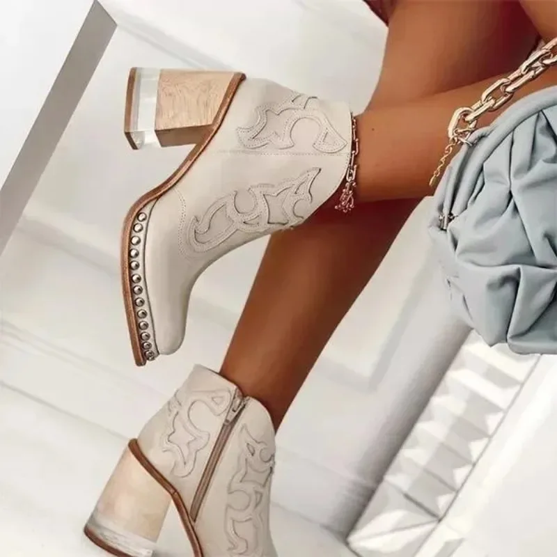 Female Ankle Boots Leather Women\'s Shoes Low Heel Cool British Embroidered Design Soft Short Boots Party Ladies Footwear PU 024