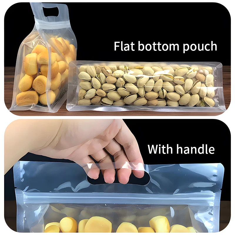 50pcs Factory Wholesale Zipper Top Self Sealing Clear Flat Bottom Pouch for Nuts Spice Plastic Food Packaging Bags with Handle