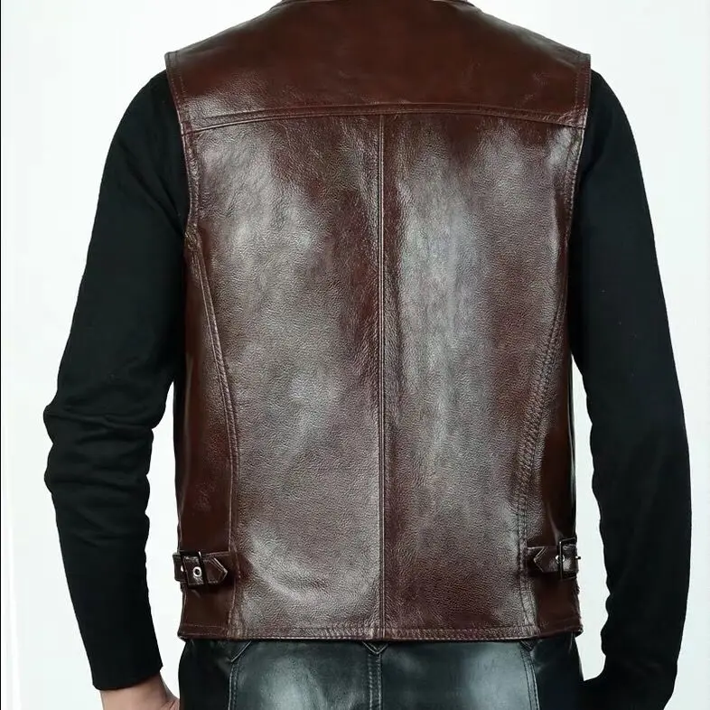 New Arrival Cowhide Genuine Leather Vest Motorcycle Mens Slim Fit Real Brown Cow Leather Waistcoat Bikers Vest Size L-8XL jacket