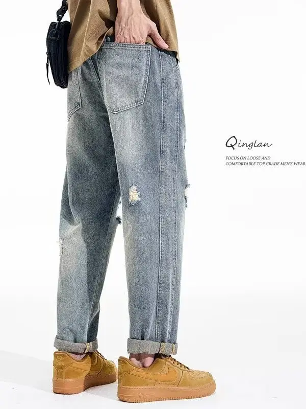 

Джинсы с американской талией в стиле ретро, мужские свободные джинсы большого размера, японский Sle Cone Harlan, модные синие джинсы, повседневная одежда, летний сезон