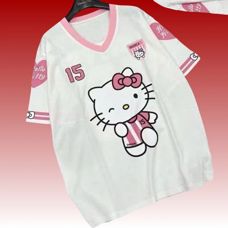 

MOTO-MINISO Hello Kitty изображение животного с v-образным вырезом и 3D-принтом, удобный быстросохнущий летний размер с короткими рукавами для взрослых