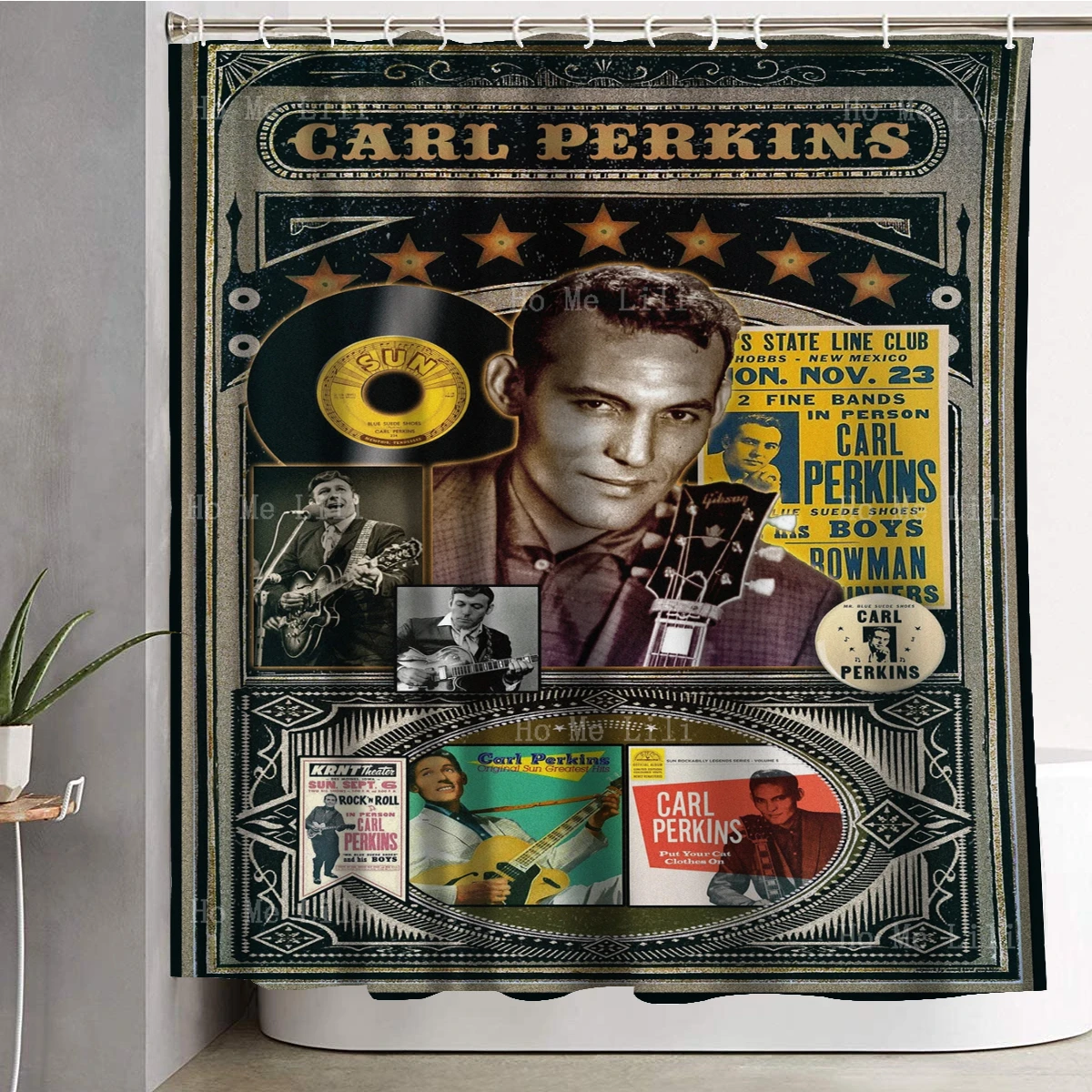 Rock & Roll Carl Perkins Thin Lizzy Bass Playing Duran Duran Band Music Collage Posters Bathroom Decor Shower Curtain