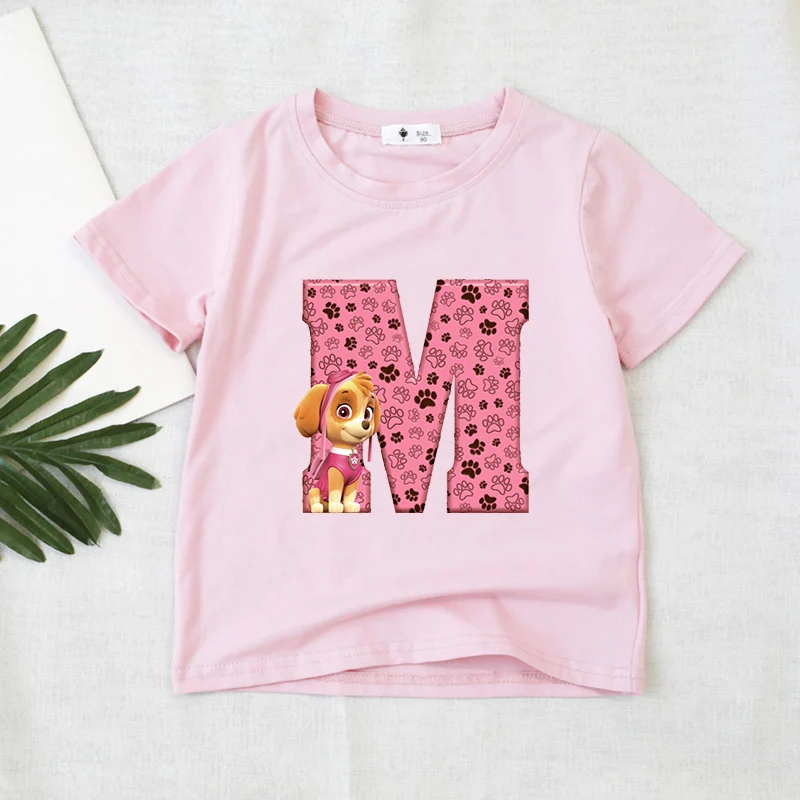 Paw Patrols Summer Kids Clothes Pink Baby Girl T Shirt Short Sleeve Cartoon Skye Letter Print Tops Toddler Tees Birthday Gifts view 4
