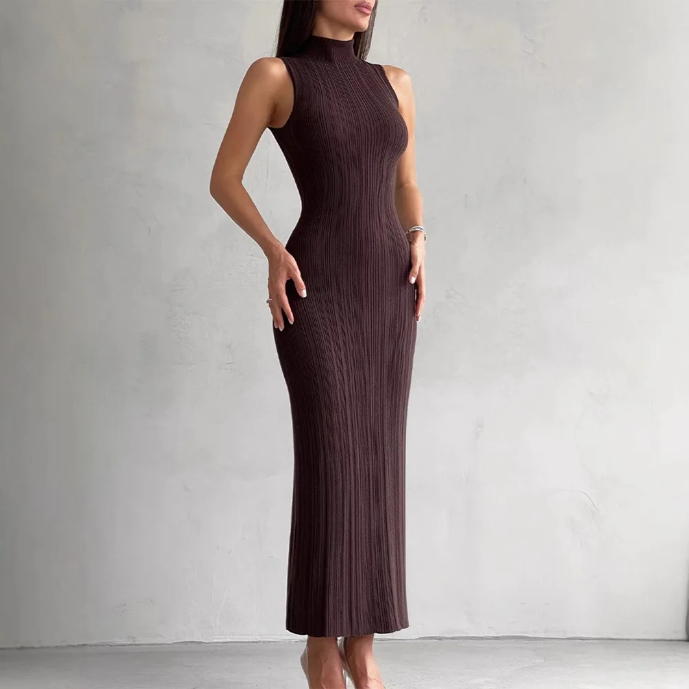 Robe longue moulante en tricot côtelé pour femmes, col montant, sans manches, coupe cintrée, élégante, couleur unie, décontractée, tenue de soirée, à la mode