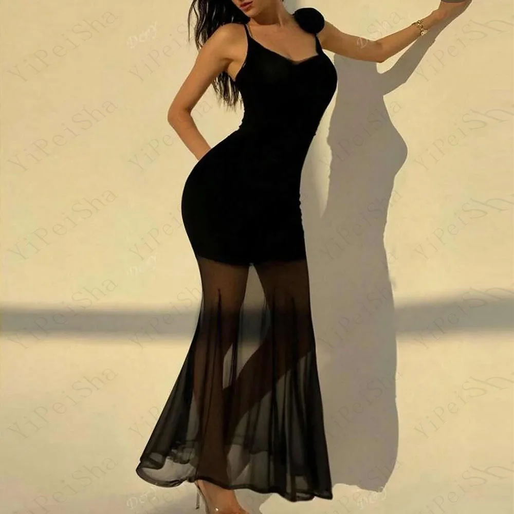 맞춤형 a 라인 댄스 파티 드레스 발목 길이 스파게티 스트랩 민소매 이브닝 가운 패션 꽃 간단한 드레이프 파티 가운