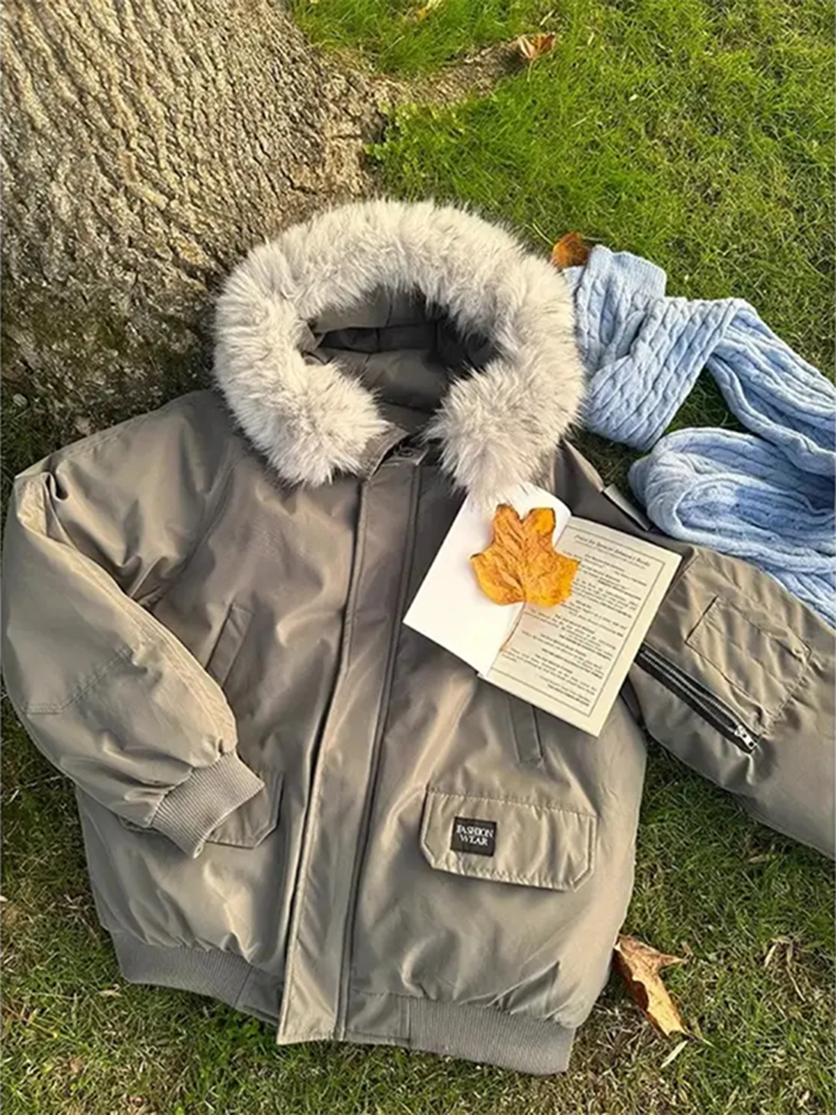 

Thiened Cotton Parka Jaet Men's Winter Warmth Anti-Cold Hooded Workwear Coat Large Fur Collar American Retro Sle