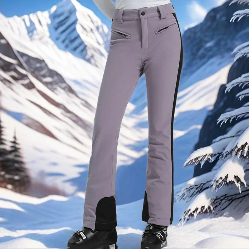 

2025 Female Slim Ski Overalls New Women Skiing Pants Winter Waterproof Warm Sweat Pants Mountain High Elasticity Snow Trousers