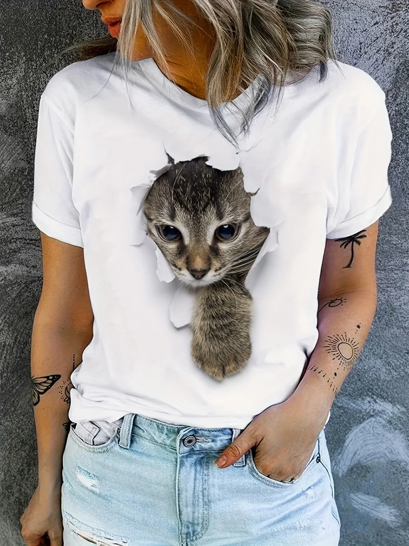 Lässiges Oberteil für jeden Tag, Damenbekleidung, süßes T-Shirt mit Katzenmuster, Rundhals-Kurzarm-T-Shirt