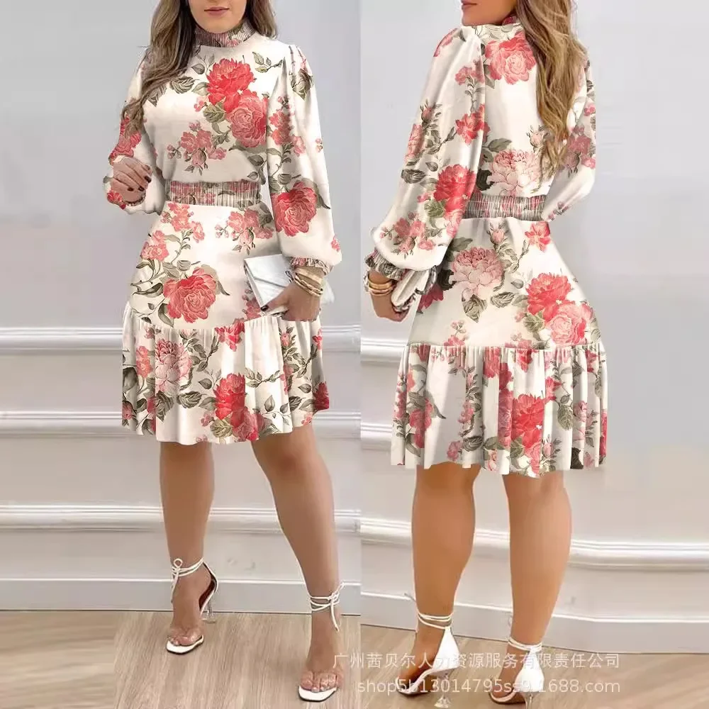 Women Print Floral Midi Dress Stand Collar Full Sleeve Dresses Tight High Waist Casual Vestidos Elegant Lady Autumn Winter