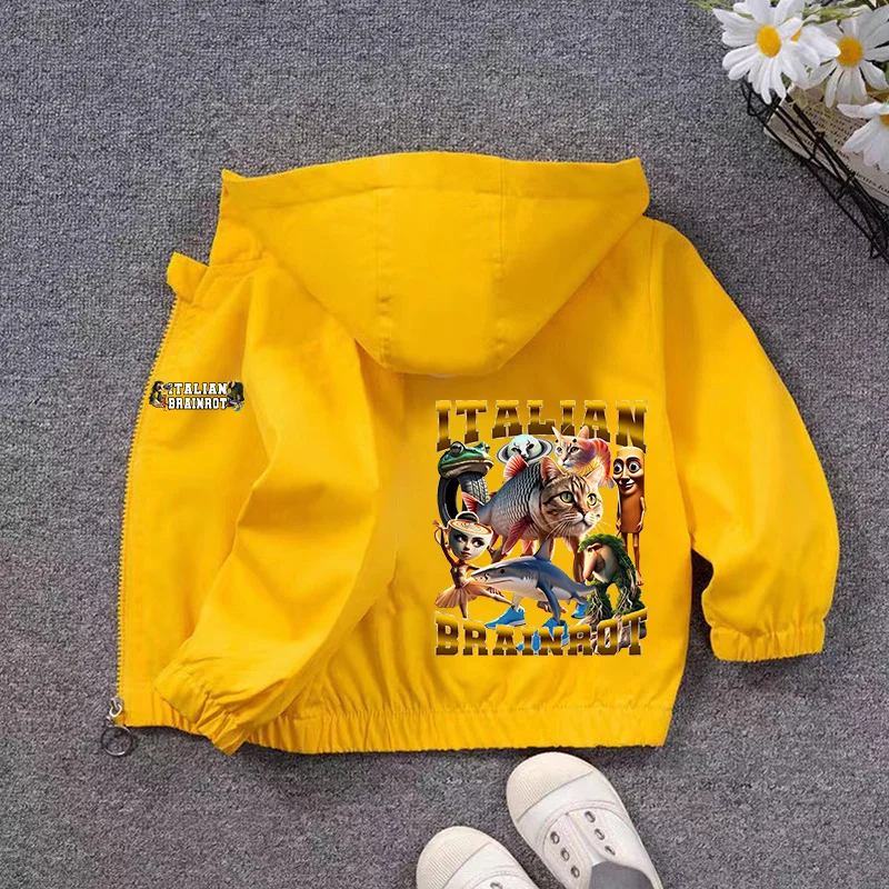 Chaqueta italiana Brainrot para niños, chaquetas con capucha impermeables con estampado Tralalero Tralala, ropa para niños, abrigos rompevientos