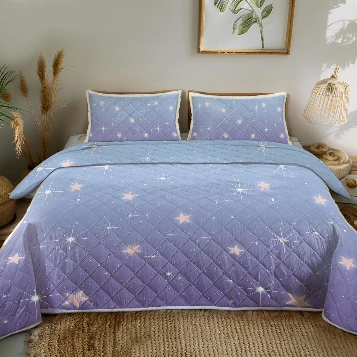 

BeddingOutlet 3PCS Sparkle Purple Gradient Stars Printed Quilt Set Twinkle Starlight Theme Comforter With 2 Pilowcases