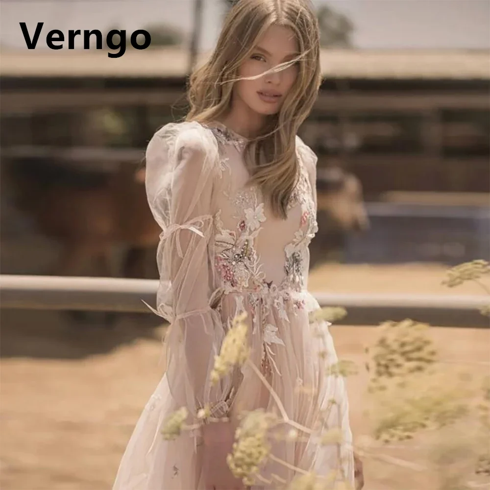 Verngo Applique Tulle Vestido de noite, Vestido longo Puff Sleeves Party, O Neck, A Line Prom Gowns, Vestido formal