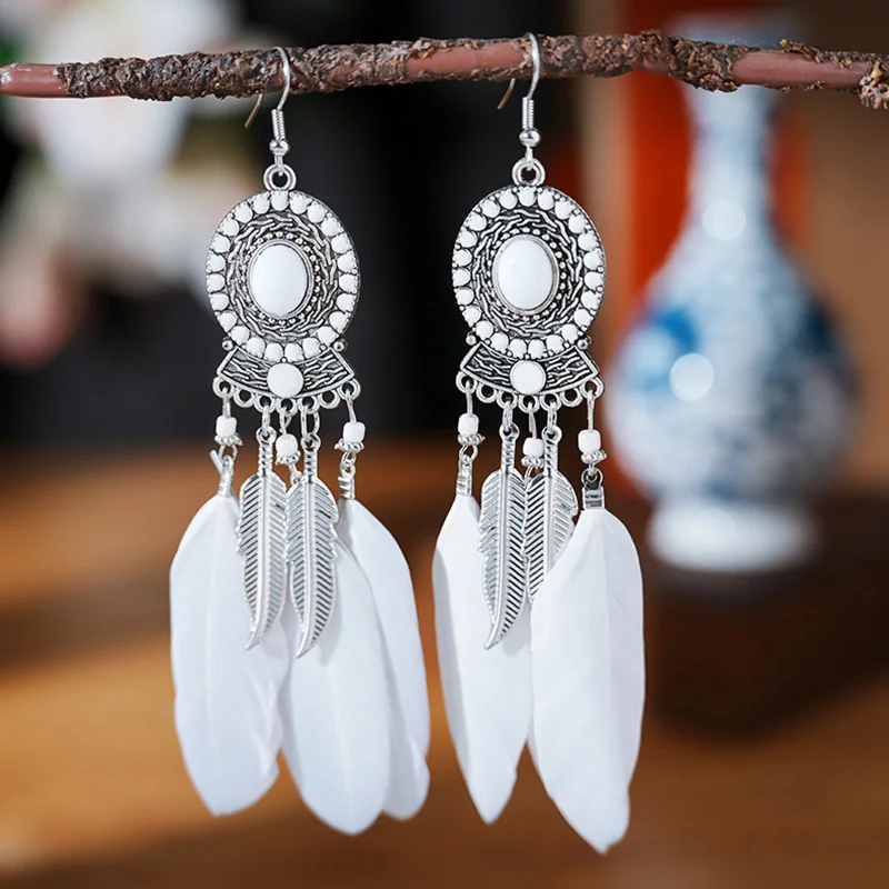 White Enamel Peacock Water Drop Feather Earrings for Women Ethnic Elegant Long Crystal Rhinestone Earring Boho Vintage Jewelry