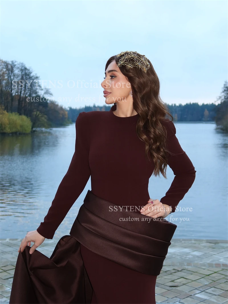 SSYTENS Arabskie Sukienki Wieczorowe Dekolt Okrągły Długie Rękawy Elastyczna Satyna Szyte na Miarę Syrenka Brązowe Suknie na Bal Studniówkowy Vestidos De Noche