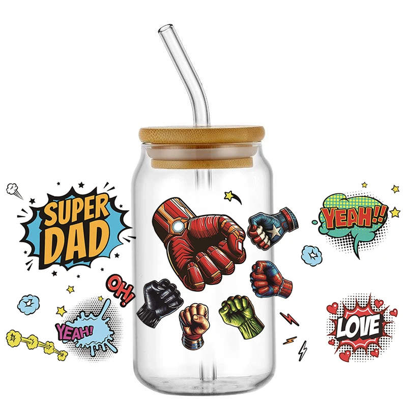 Cartoon Fist of Justice Pattern UV DTF Transfer Sticker Waterproof Transfers Decals For 16oz Glass Cup Wrap Stickers